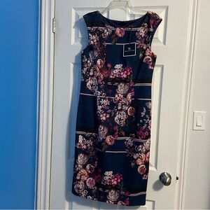 Melanie Lyne NWT Adrianna Papell Women’s Navy Floral Midi Sheath Dress Size 12